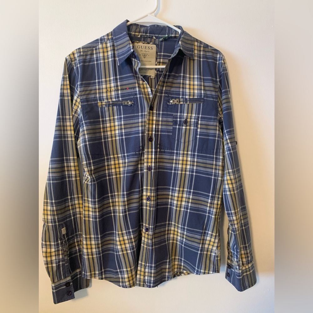 GUESS Men's Navy and Yellow Plaid Shirt